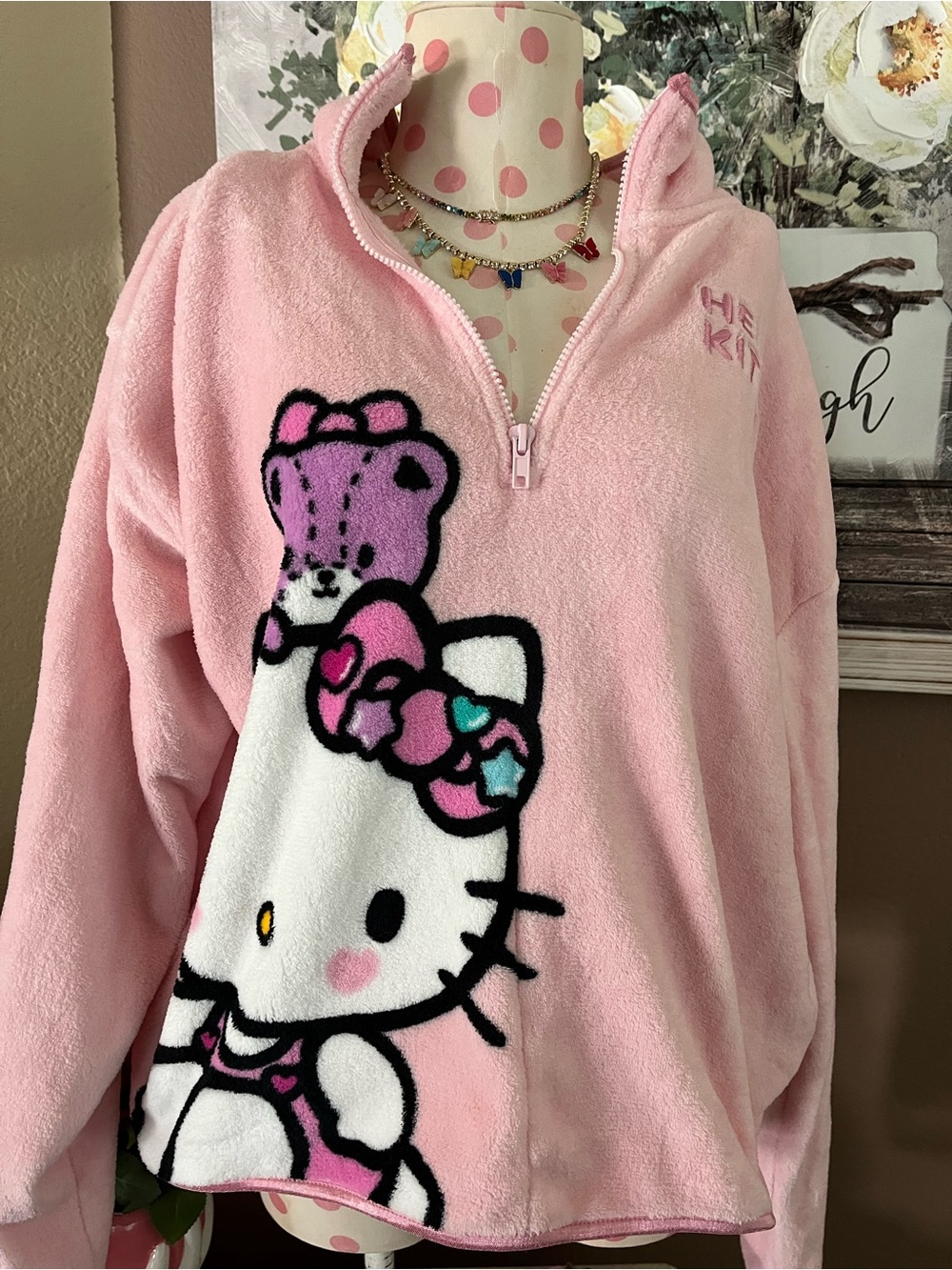 Hello Kitty Pink Fleece Quarter-Zip Pullover with Graphic